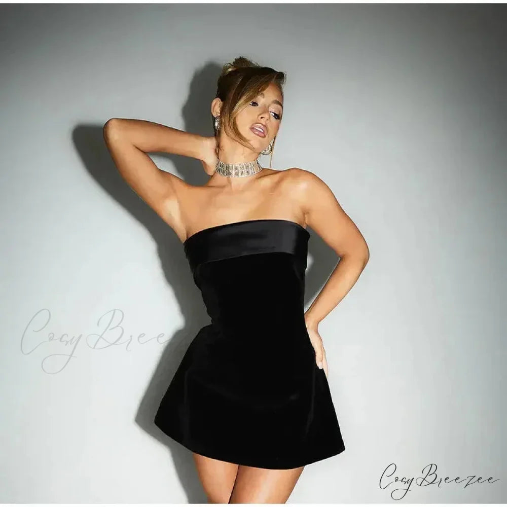 Strapless Velvet Solid Patchwork Slim Fit Mini Dress Black / S