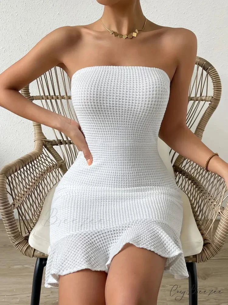 Strapless Waffle Ruffle Hem Bodycon Tube Dress