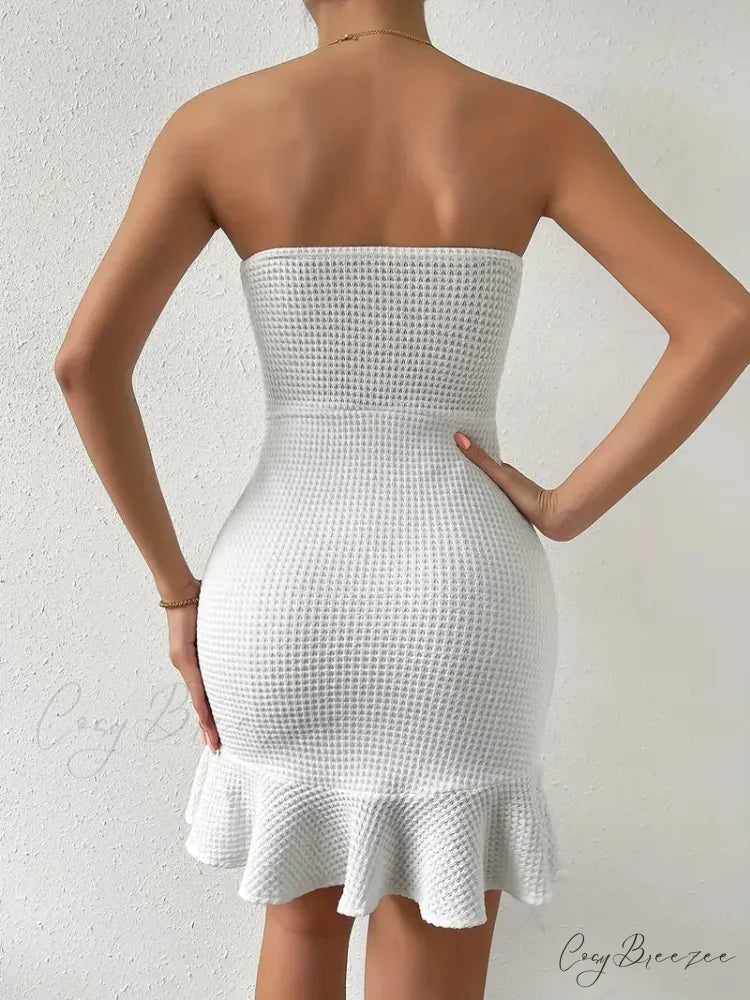 Strapless Waffle Ruffle Hem Bodycon Tube Dress