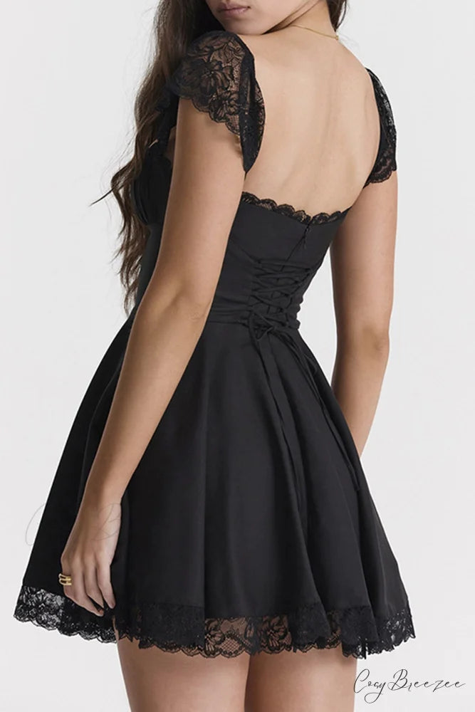 Strappy Lace Patchwork Corset Dress Black / L