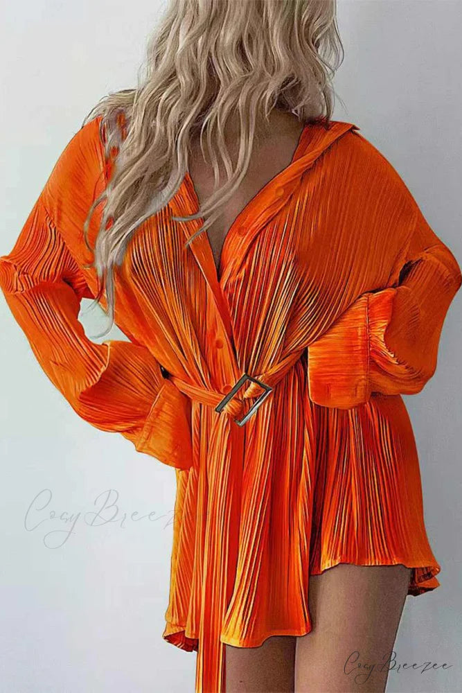 Strappy Waisted Pleated Shirts Dress