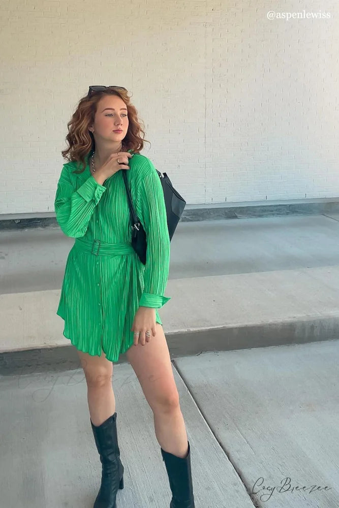 Strappy Waisted Pleated Shirts Dress Green / XL