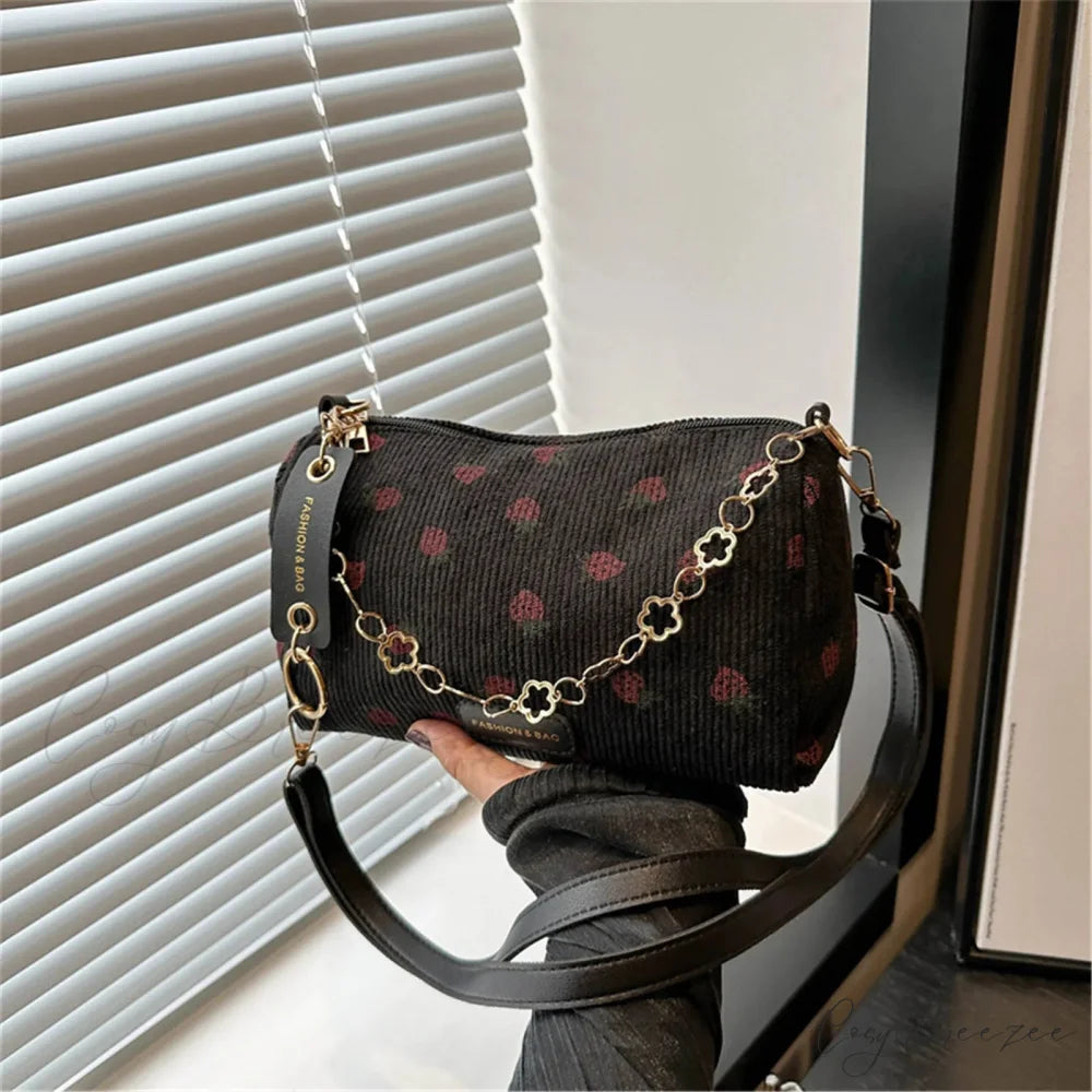 Strawberry Corduroy Mini Crossbody Bag Black crossbody-250126