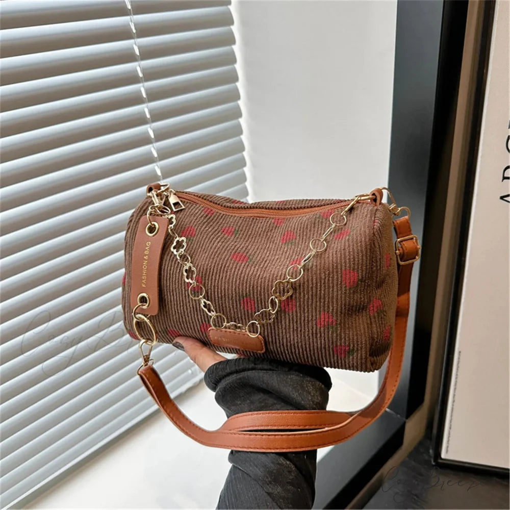 Strawberry Corduroy Mini Crossbody Bag Brown crossbody-250126