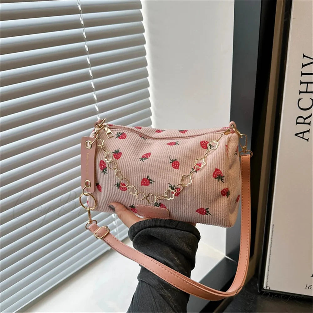 Strawberry Corduroy Mini Crossbody Bag Pink crossbody-250126