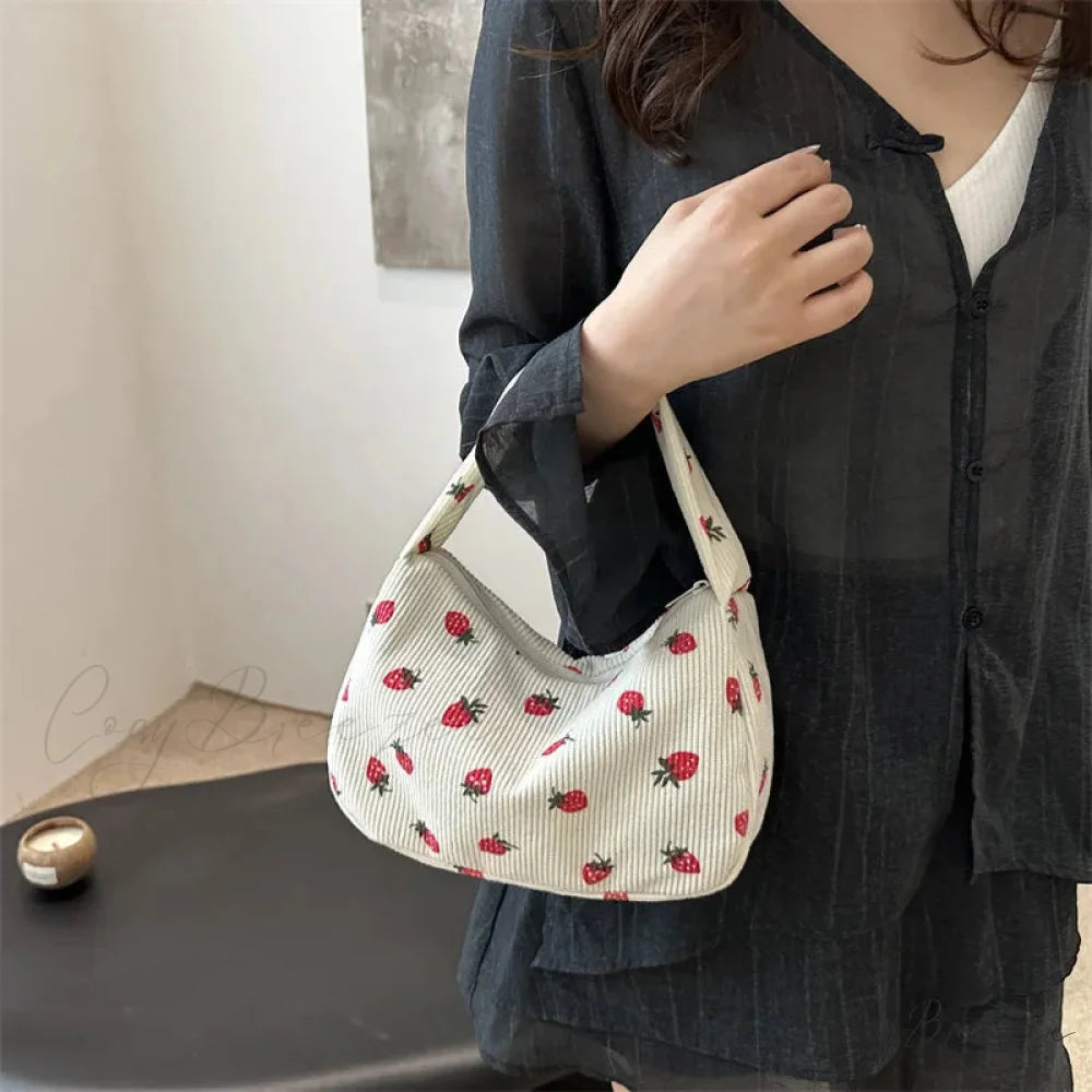 Strawberry Print Corduroy Mini Tote Handbag handbag-250126