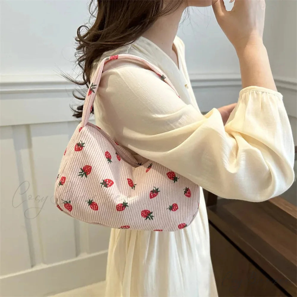 Strawberry Print Corduroy Mini Tote Handbag handbag-250126