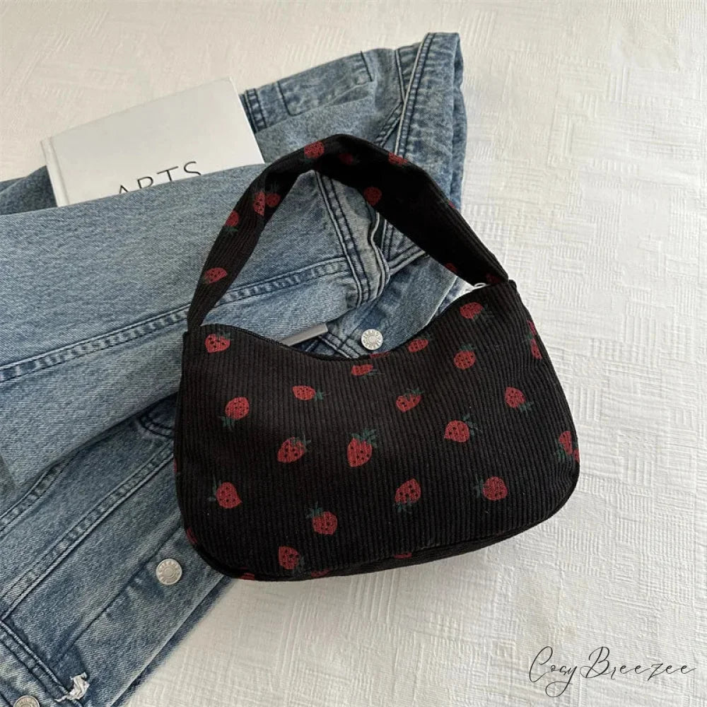 Strawberry Print Corduroy Mini Tote Handbag Black handbag-250126