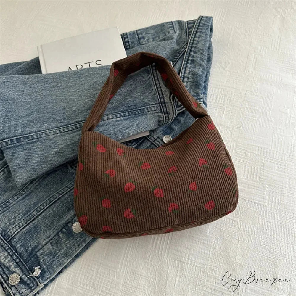 Strawberry Print Corduroy Mini Tote Handbag Coffee handbag-250126