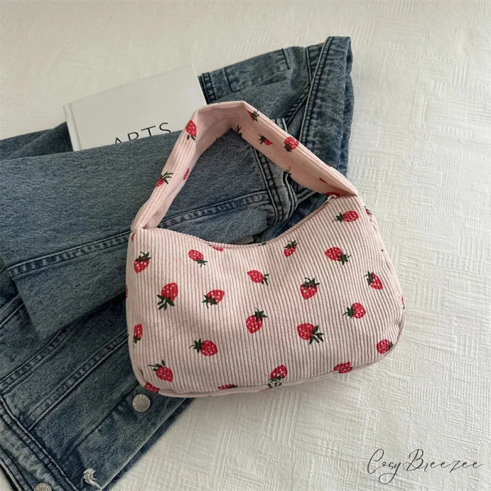 Strawberry Print Corduroy Mini Tote Handbag Pink handbag-250126