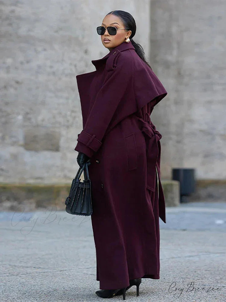 Street Burgundy Woolen Belted Coat overcoats-241228