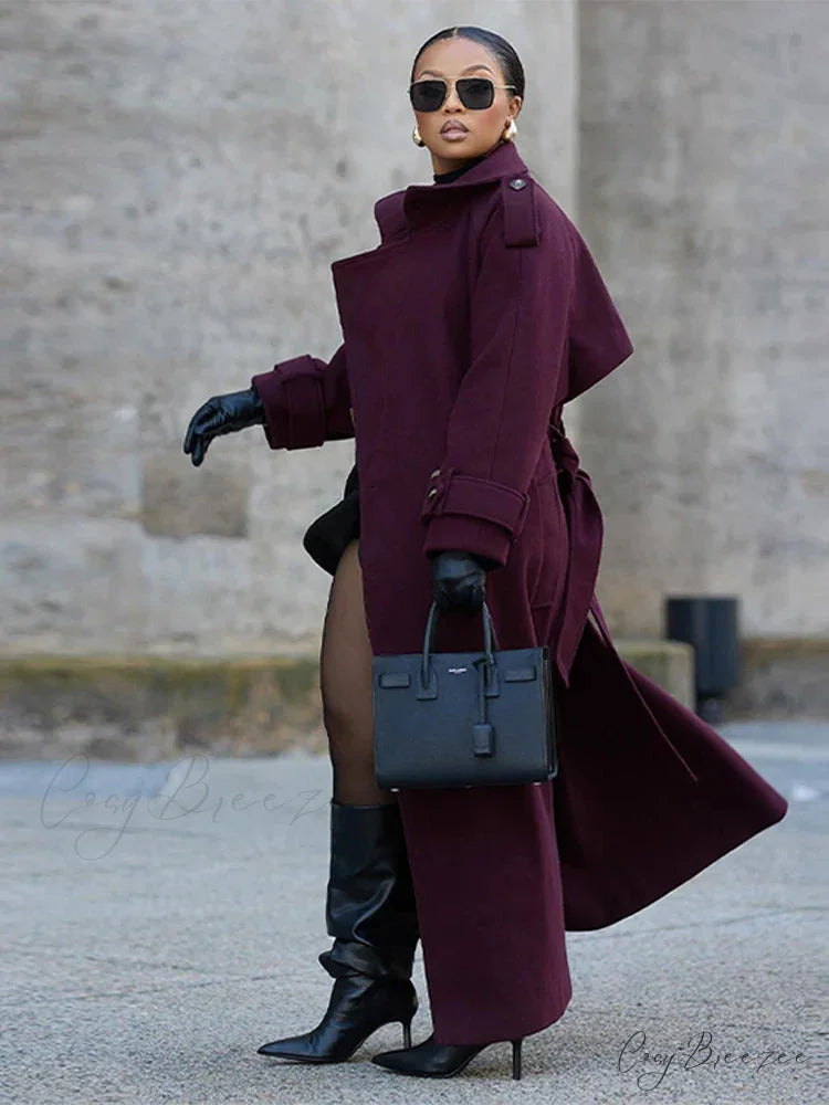 Street Burgundy Woolen Belted Coat overcoats-241228