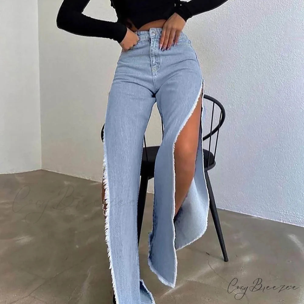 Street Hipster Double-Slit Wide-Leg Denim Jeans Blue / S
