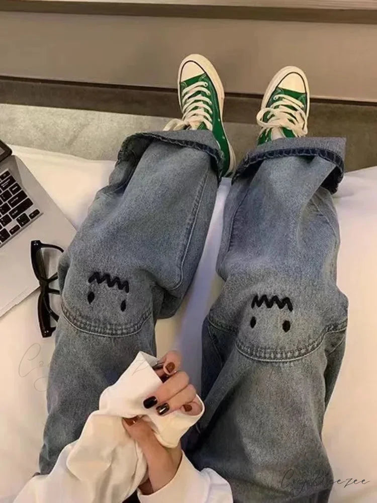 Street Trend Ruffian Handsome Letter Hip Hop Personality Fashion Ladies Trousers Jean Blue / S