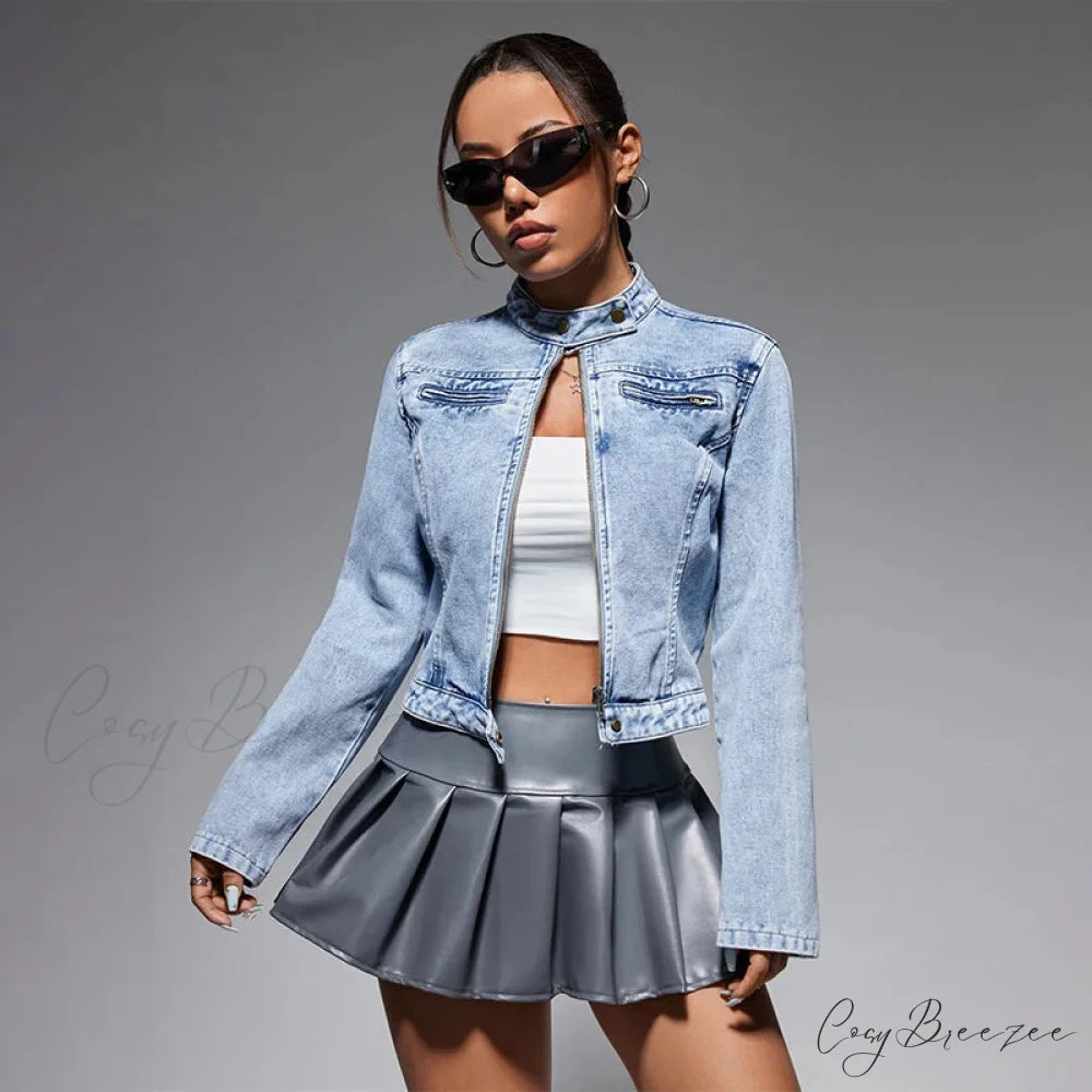 Streetwear Denim Cropped Gothic Button Ripped Bomber Long Sleeve Jacket