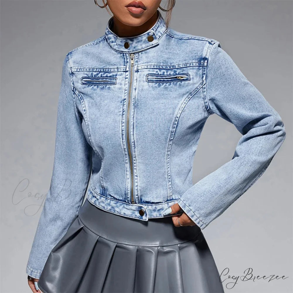 Streetwear Denim Cropped Gothic Button Ripped Bomber Long Sleeve Jacket