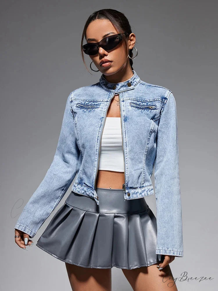 Streetwear Denim Cropped Gothic Button Ripped Bomber Long Sleeve Jacket Blue / XS