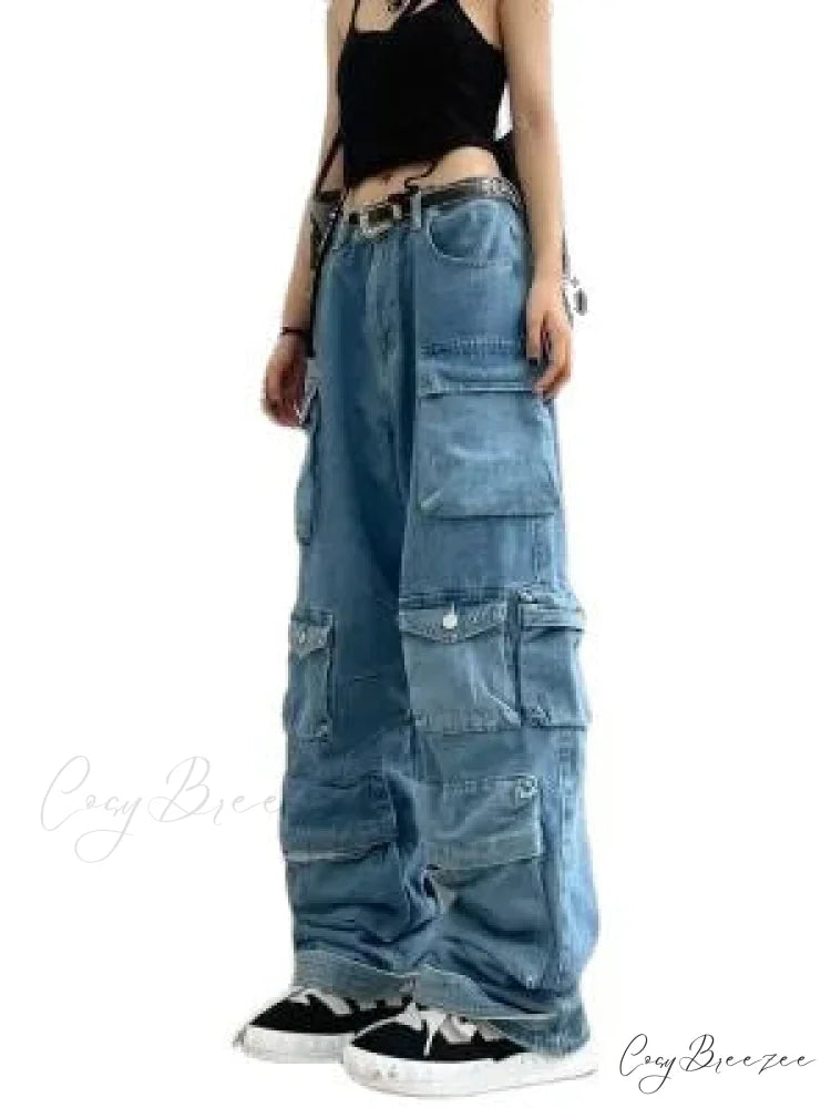 Streetwear Loose Oversized Straight-Leg Multi-Pocket Washed Cargo New Heavy Industry Y2K Vintage Jean