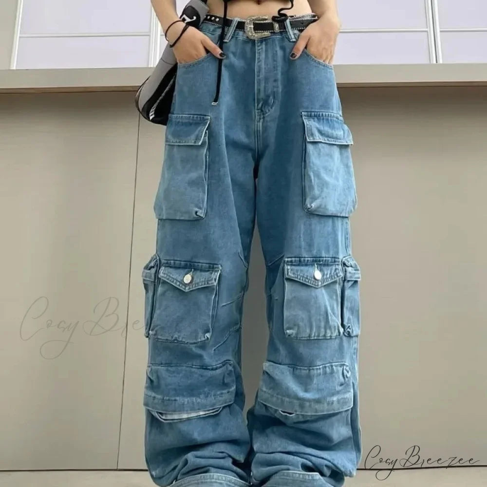 Streetwear Loose Oversized Straight-Leg Multi-Pocket Washed Cargo New Heavy Industry Y2K Vintage Jean
