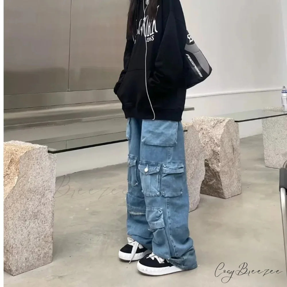 Streetwear Loose Oversized Straight-Leg Multi-Pocket Washed Cargo New Heavy Industry Y2K Vintage Jean