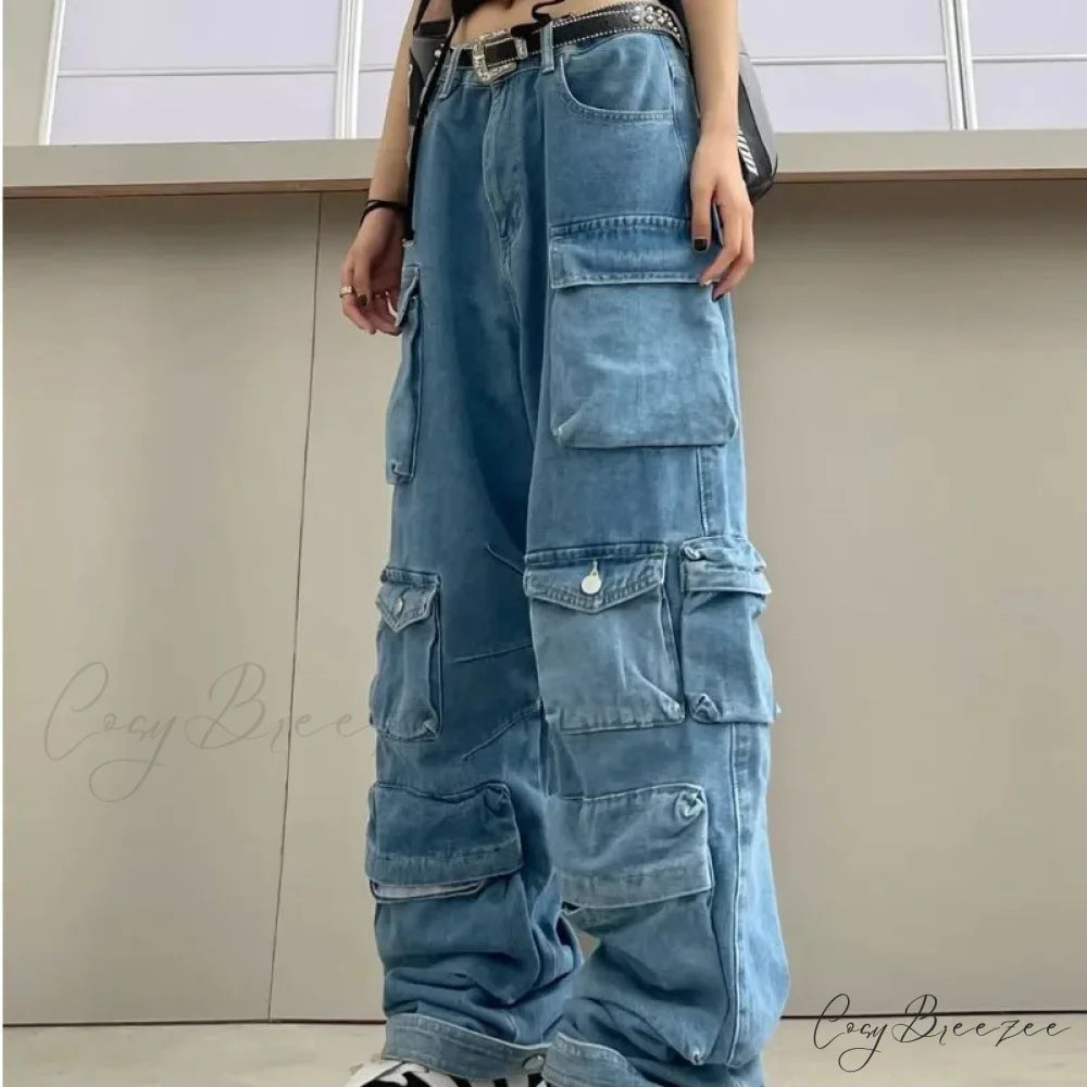 Streetwear Loose Oversized Straight-Leg Multi-Pocket Washed Cargo New Heavy Industry Y2K Vintage Jean Blue / S