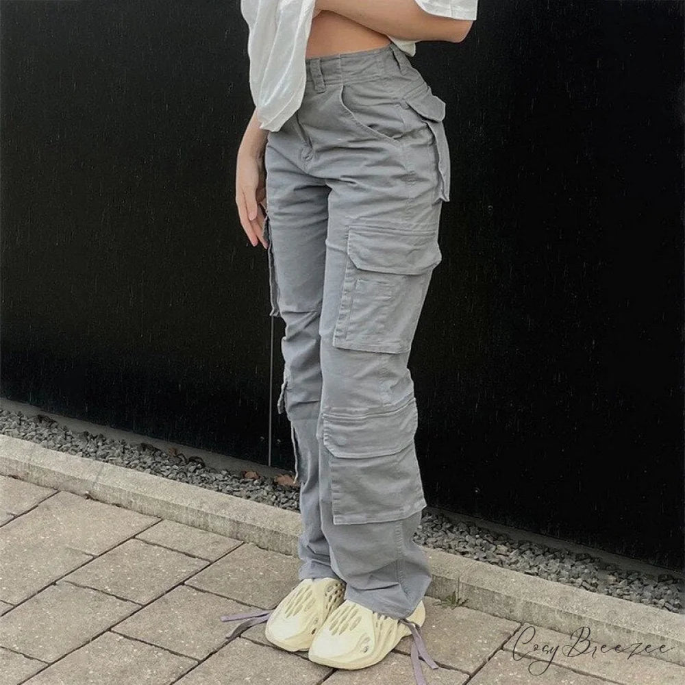 Streetwear Pockets Wide Leg High Waist Straight Trousers Grey / S