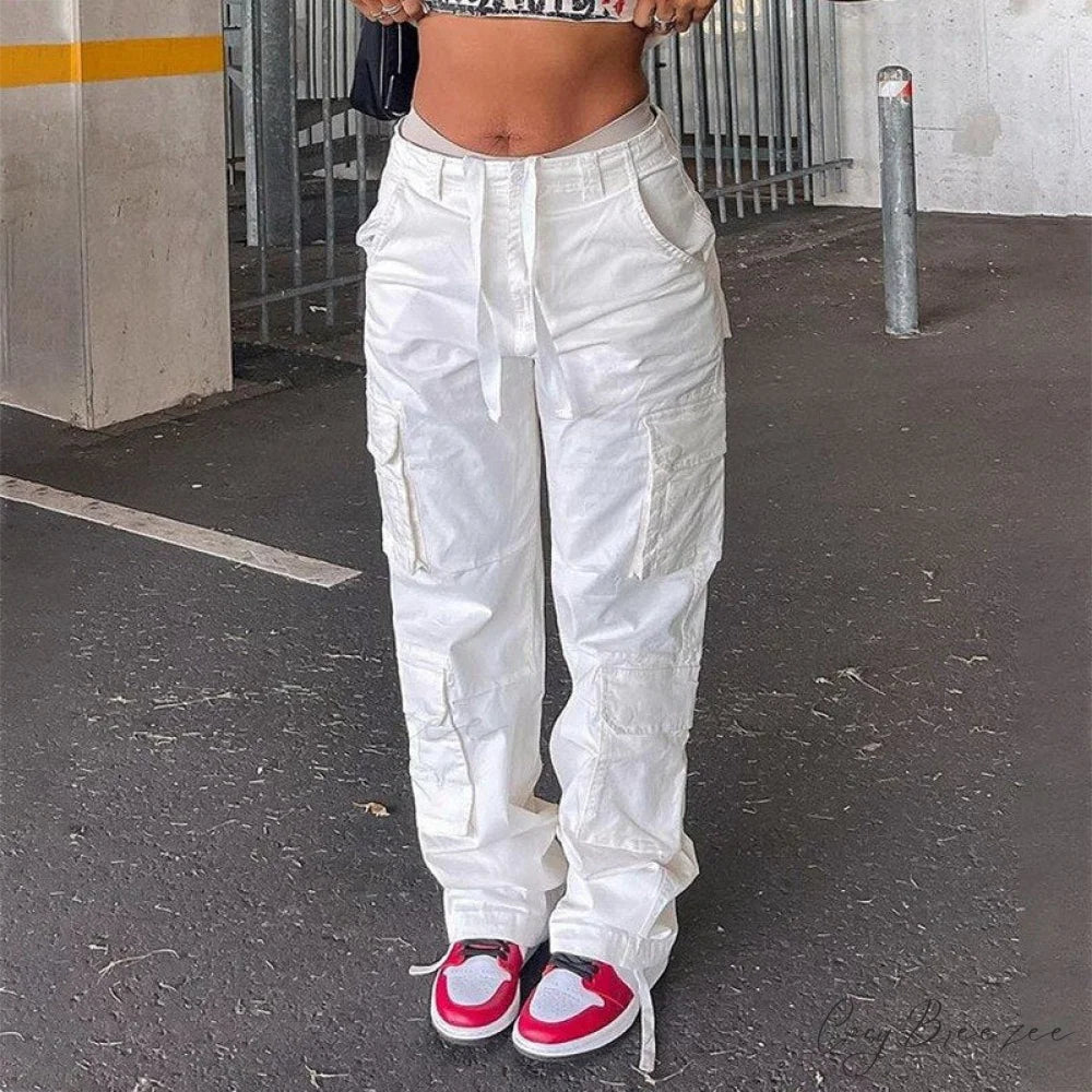 Streetwear Pockets Wide Leg High Waist Straight Trousers White / S