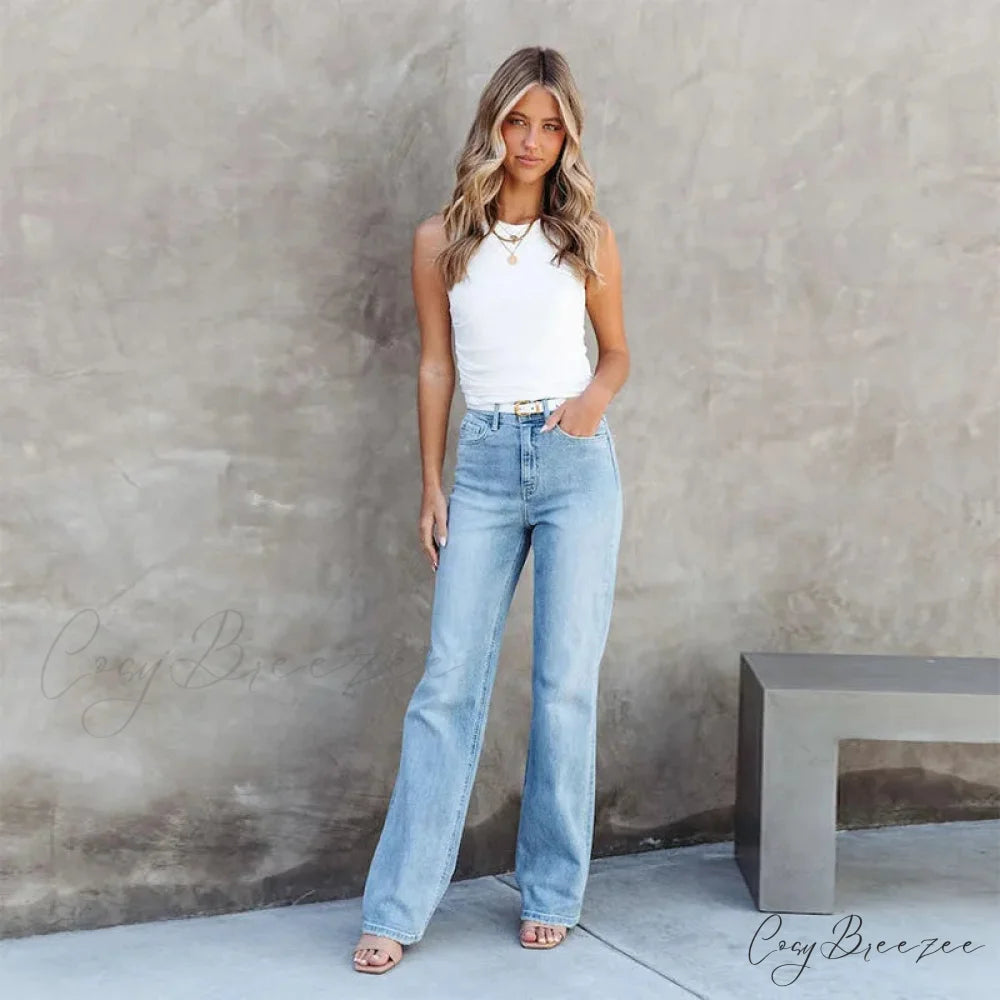 Stretch Blue High Waist Loose Wide Leg Vintage Fashionable Washed Straight Casual Jean