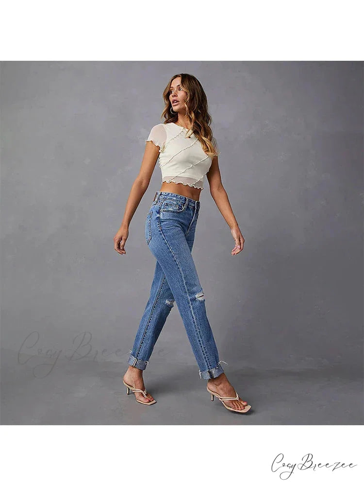 Stretch Blue High Waist Ripped Casual Fashion Streetwear Denim Jean