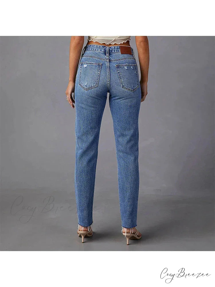 Stretch Blue High Waist Ripped Casual Fashion Streetwear Denim Jean