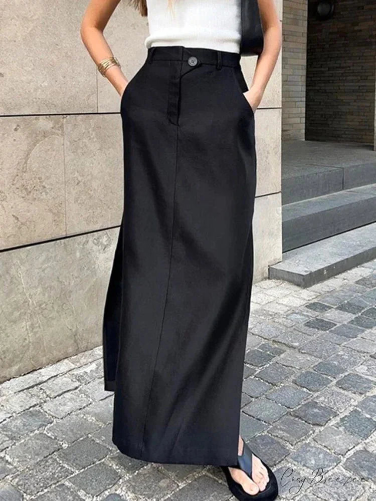 Stretch Buttoned Cotton Split Skirt Black / S skirts-250223