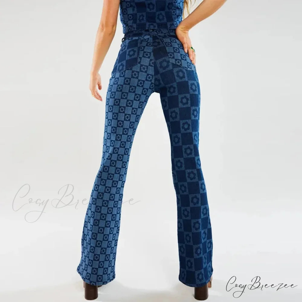 Stretch Fashion Print Women’s High Waist Flare Women Long Summer Casual Streetwear Denim Pant Jean