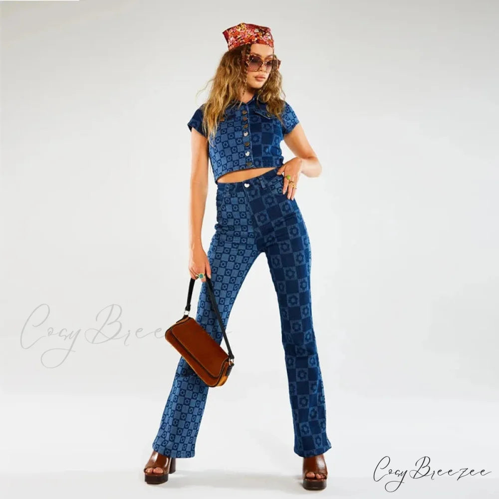 Stretch Fashion Print Women’s High Waist Flare Women Long Summer Casual Streetwear Denim Pant Jean
