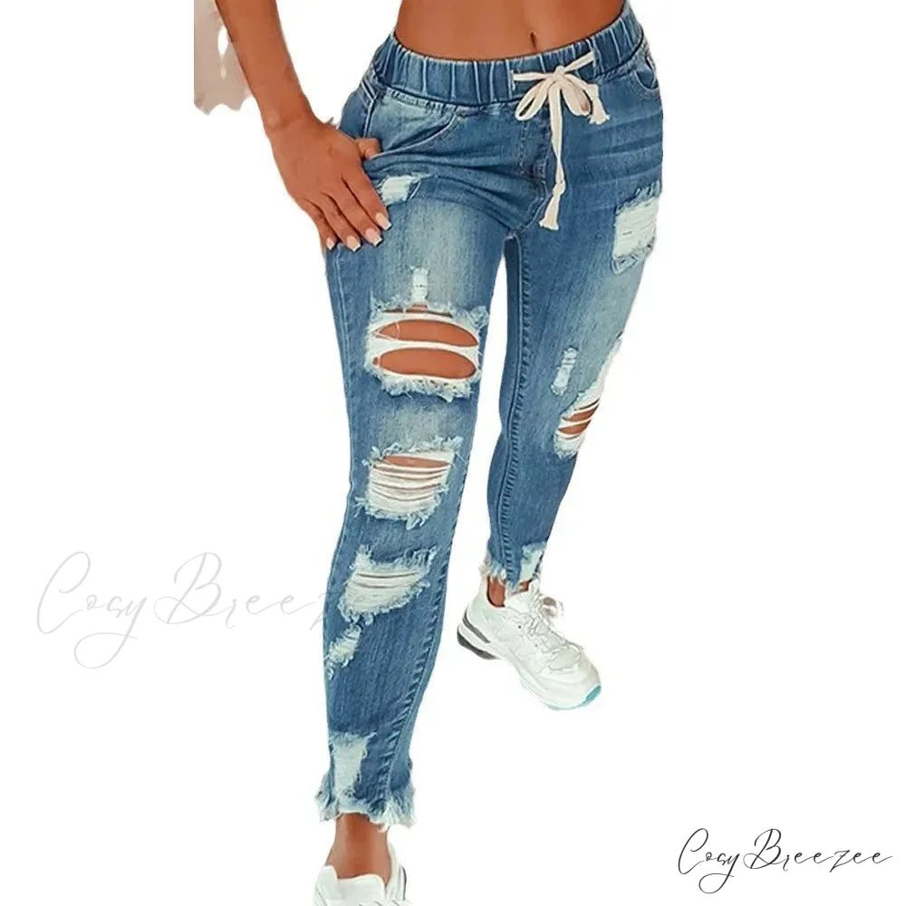 Stretch High Waist Ripped Washed Slim Skinny Pencil Denim Jean