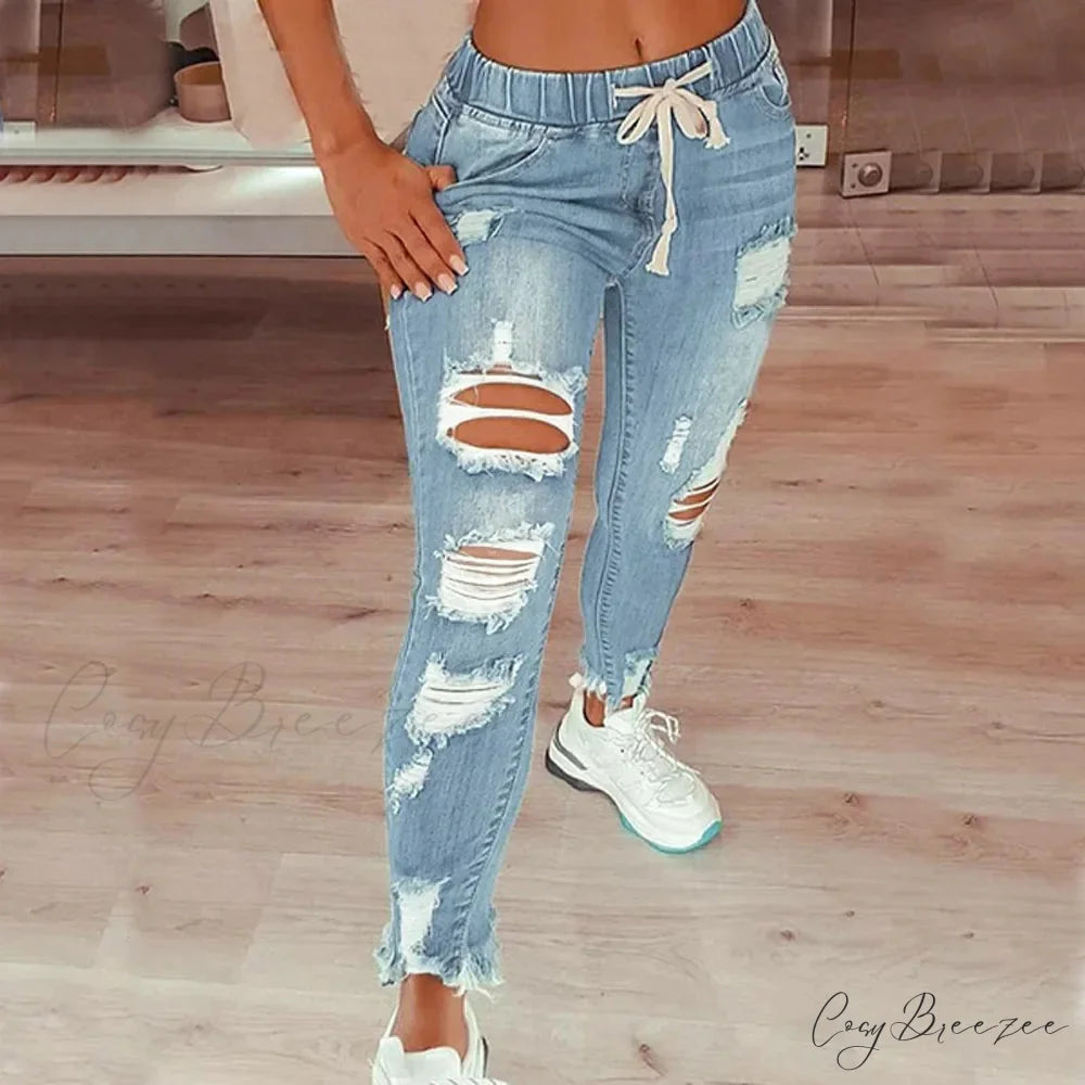Stretch High Waist Ripped Washed Slim Skinny Pencil Denim Jean Blue / S