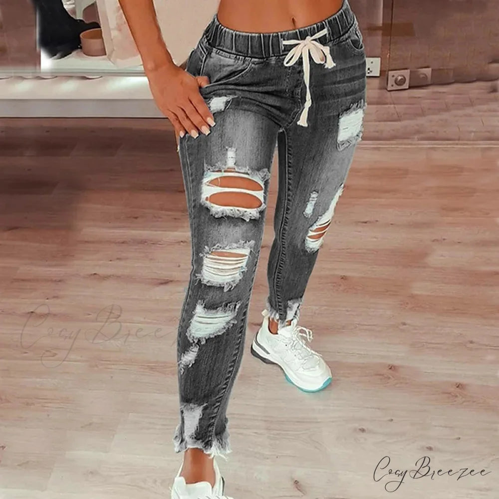 Stretch High Waist Ripped Washed Slim Skinny Pencil Denim Jean Grey / S