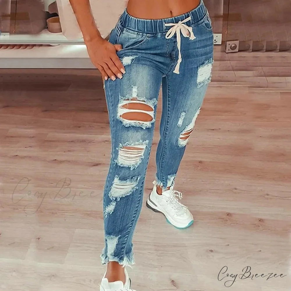 Stretch High Waist Ripped Washed Slim Skinny Pencil Denim Jean Light blue / S
