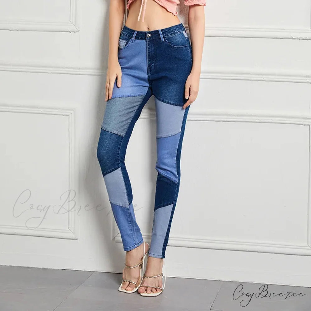 Stretch Patchwork Slim Fashion Vintage Streetwear Denim Jean Blue / S