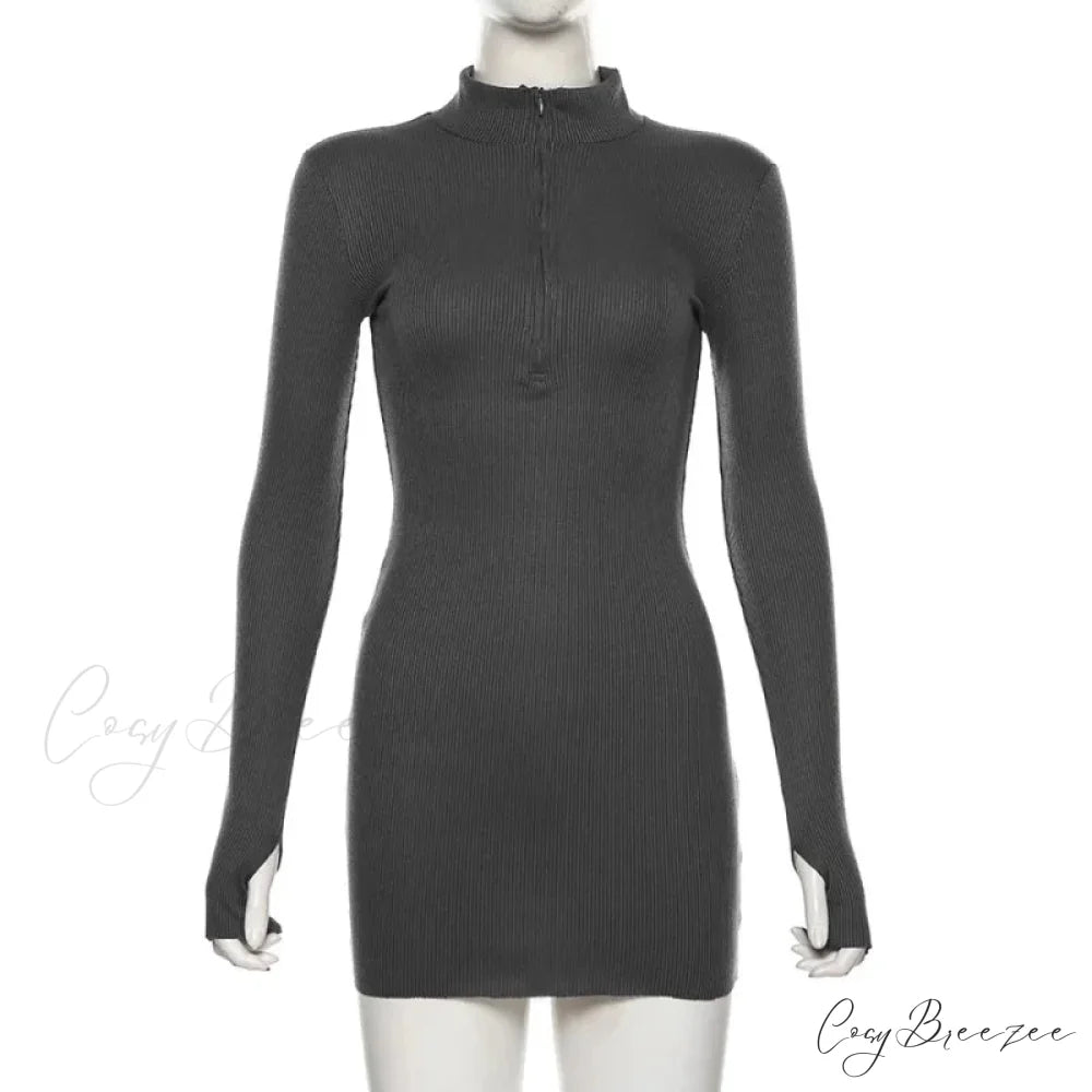 Stretch Ribbed Knitted Turtleneck Mini Dress