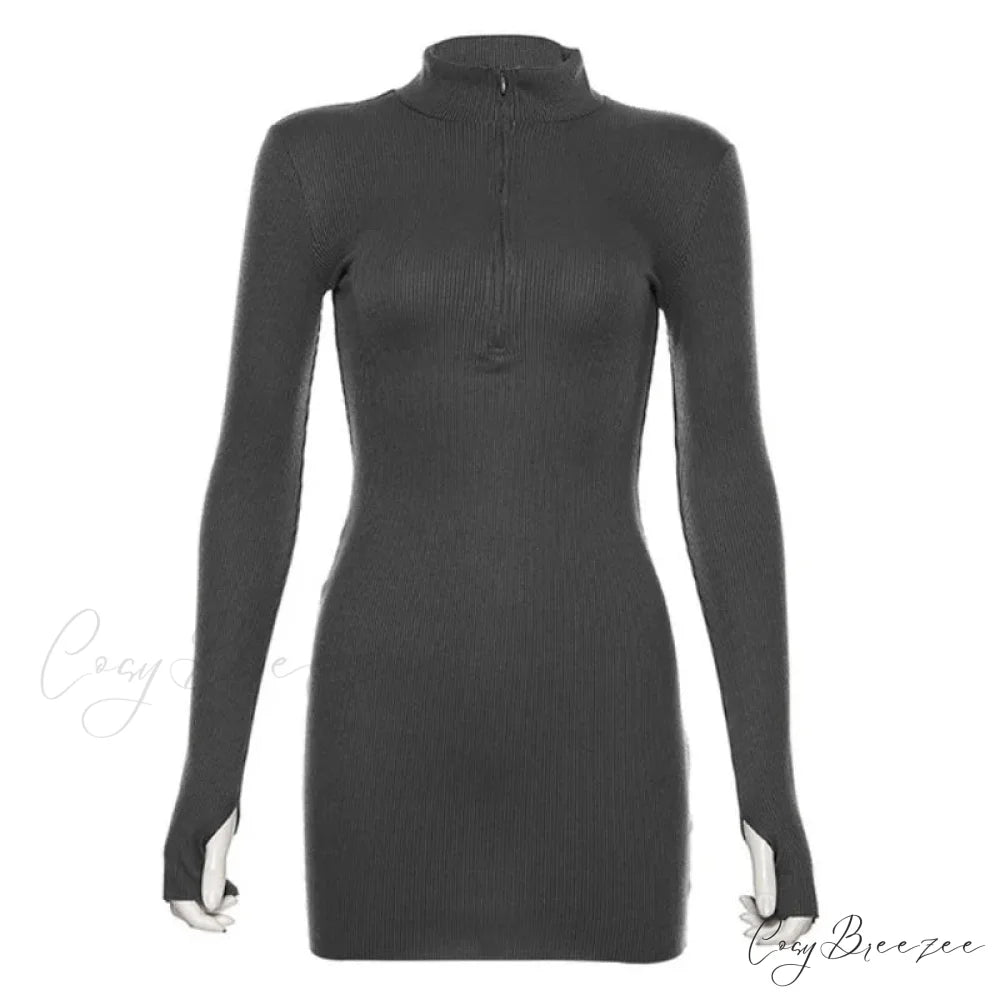 Stretch Ribbed Knitted Turtleneck Mini Dress GRAY / S