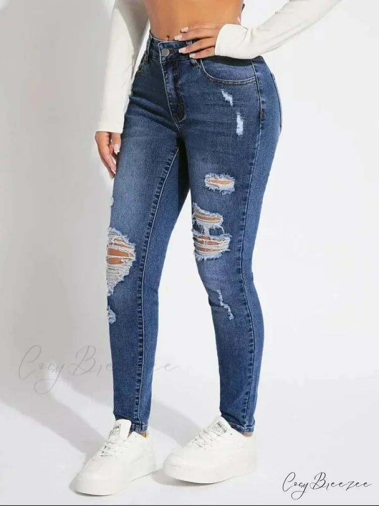 Stretch Skinny High Waist Ripped Butt Lifting Casual Slim Denim Jean Blue / S