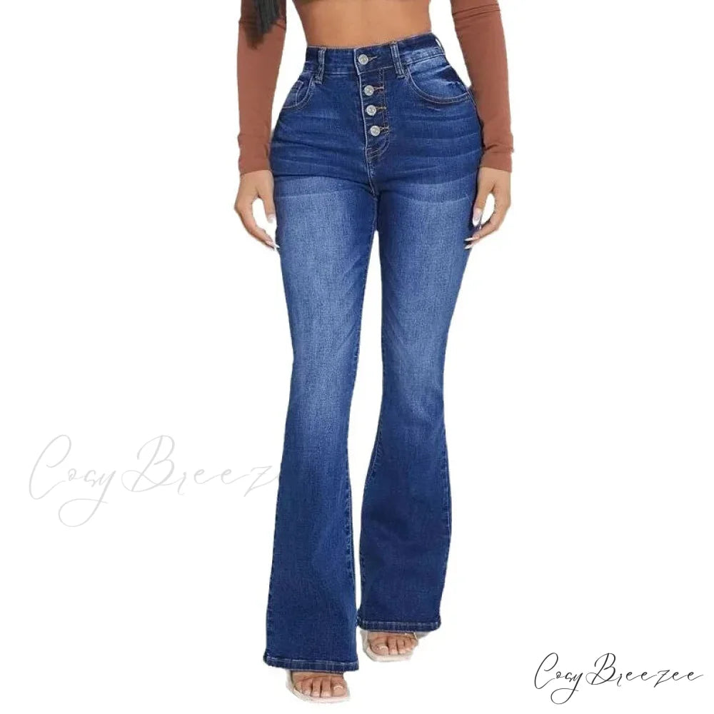 Stretch Slim Flare Button Fly High Waist Full Length Vintage Jean