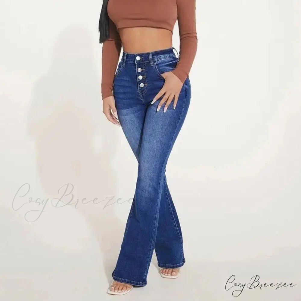 Stretch Slim Flare Button Fly High Waist Full Length Vintage Jean Blue / S