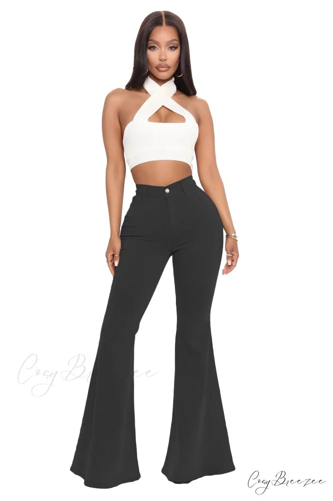 Stretch Slim Flare for Women Pink Bell Bottom 2024 High Waist Skinny Boot-cut Denim Woman Jean Black / S
