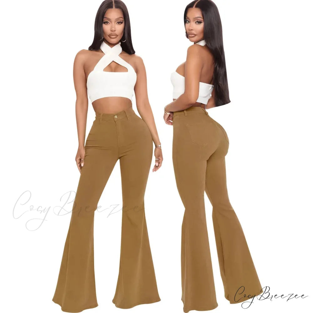 Stretch Slim Flare for Women Pink Bell Bottom 2024 High Waist Skinny Boot-cut Denim Woman Jean Brown / S