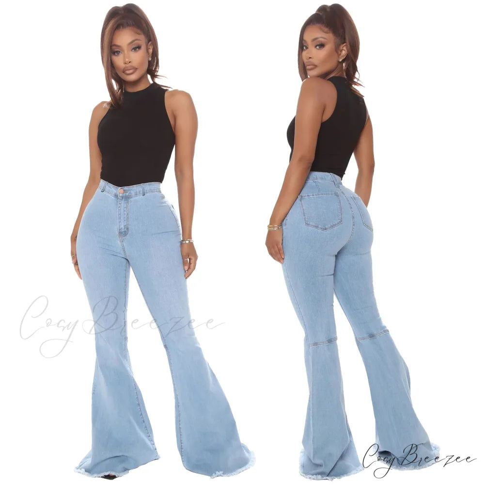 Stretch Slim Flare for Women Pink Bell Bottom 2024 High Waist Skinny Boot-cut Denim Woman Jean Light blue / S