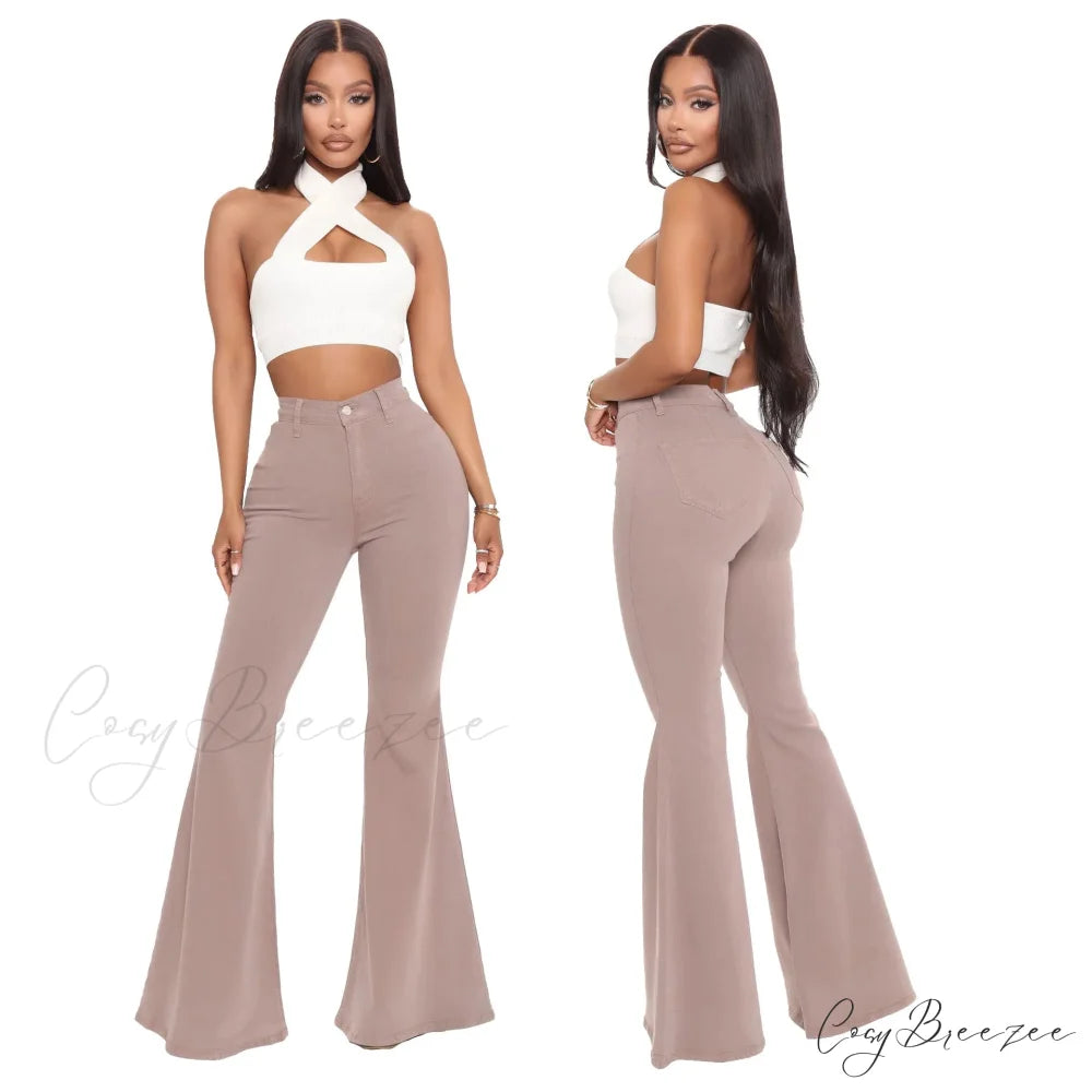 Stretch Slim Flare for Women Pink Bell Bottom 2024 High Waist Skinny Boot-cut Denim Woman Jean Mocha / S
