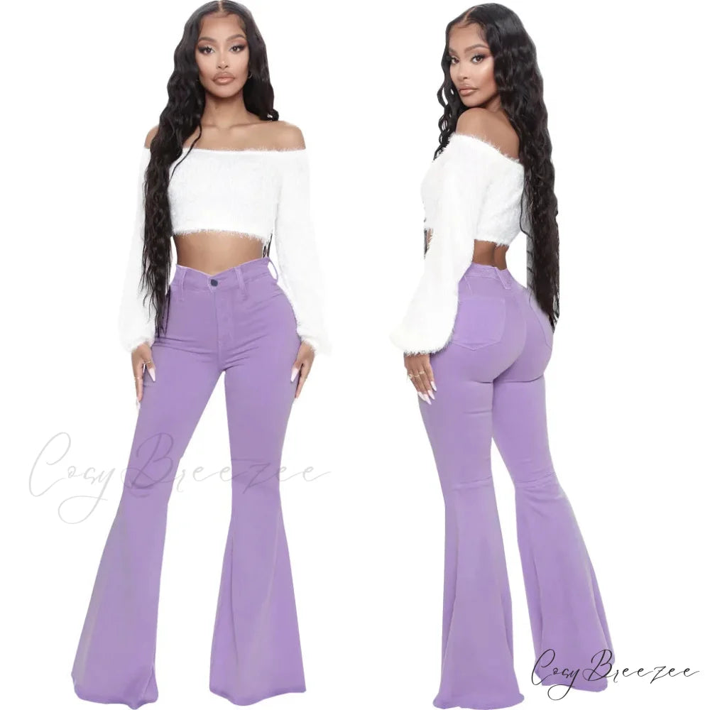 Stretch Slim Flare for Women Pink Bell Bottom 2024 High Waist Skinny Boot-cut Denim Woman Jean Purple / S