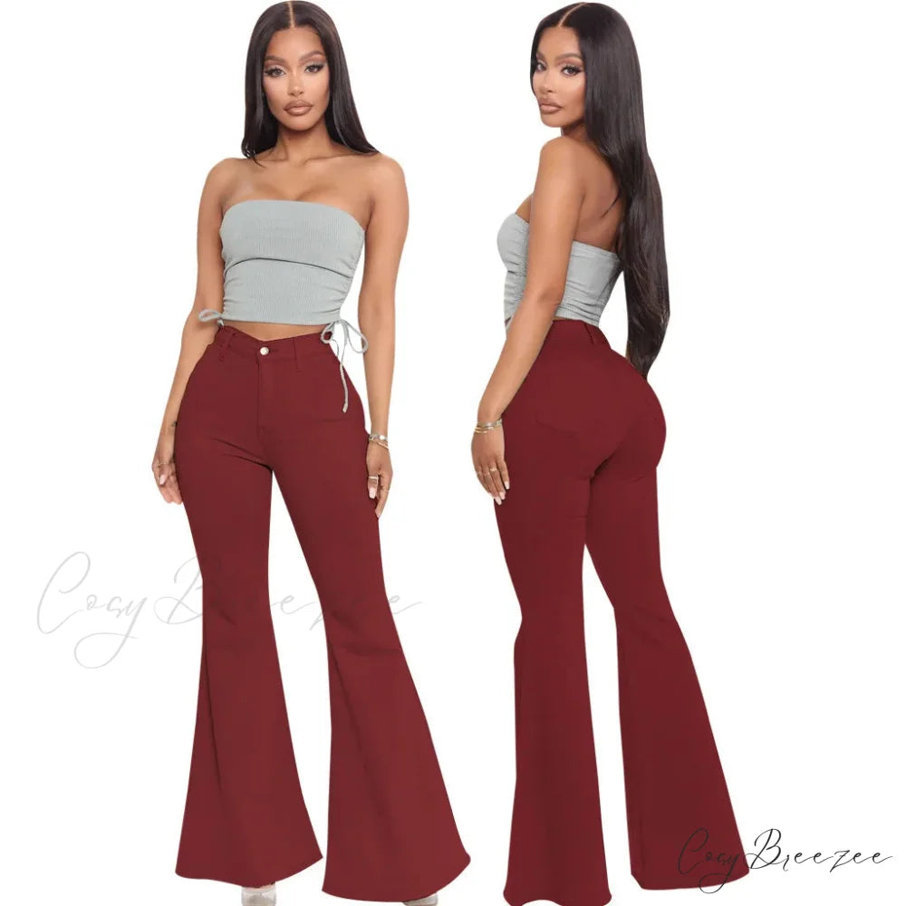 Stretch Slim Flare for Women Pink Bell Bottom 2024 High Waist Skinny Boot-cut Denim Woman Jean Red / S