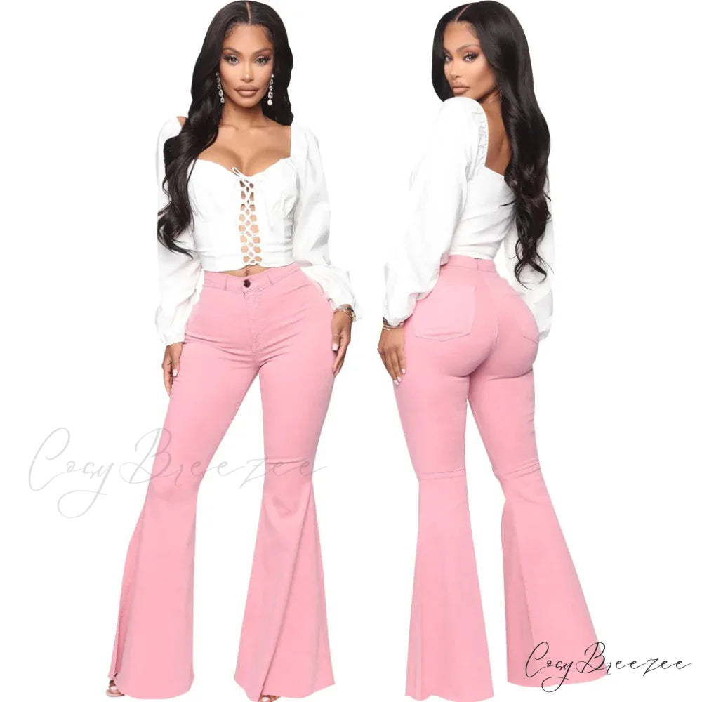 Stretch Slim Flare for Women Pink Bell Bottom 2024 High Waist Skinny Boot-cut Denim Woman Jean Pink / S